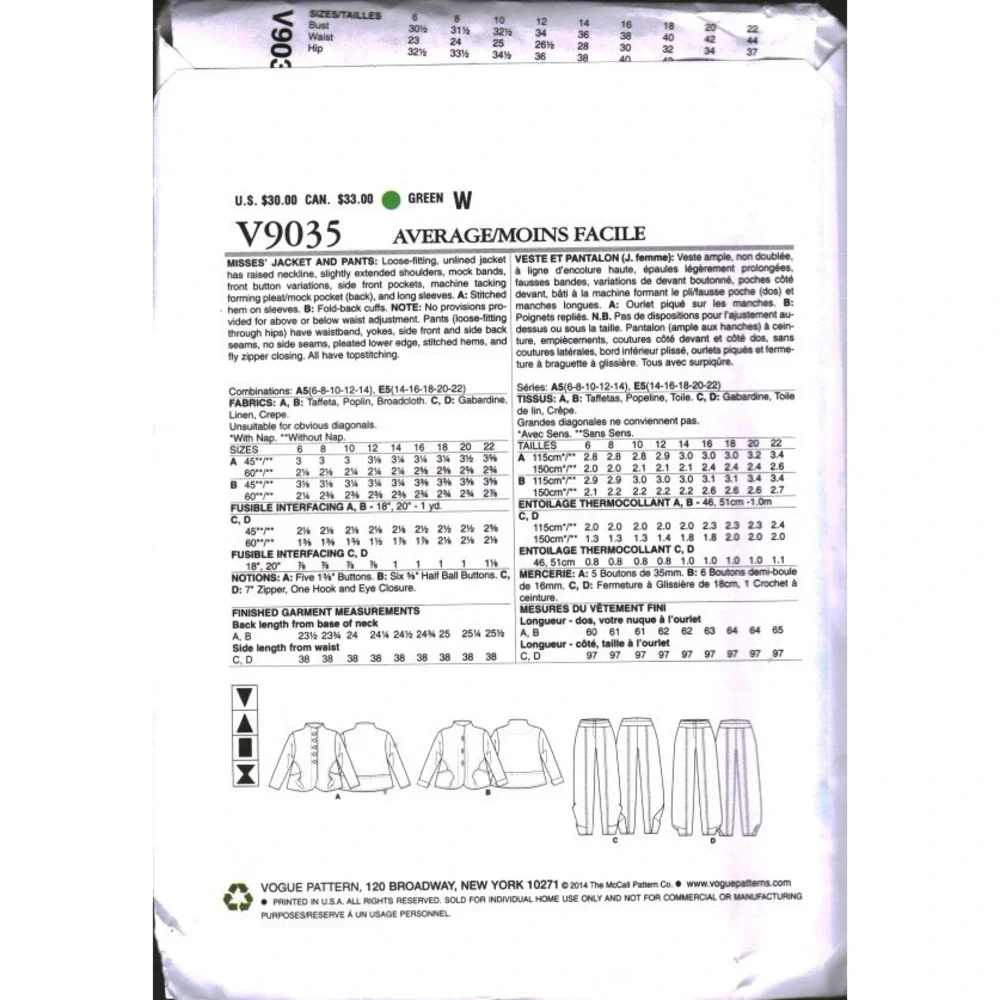 Vogue V9035 Marcy Tilton Jacket Pants Sewing Pattern Size A5 6-14 Uncut